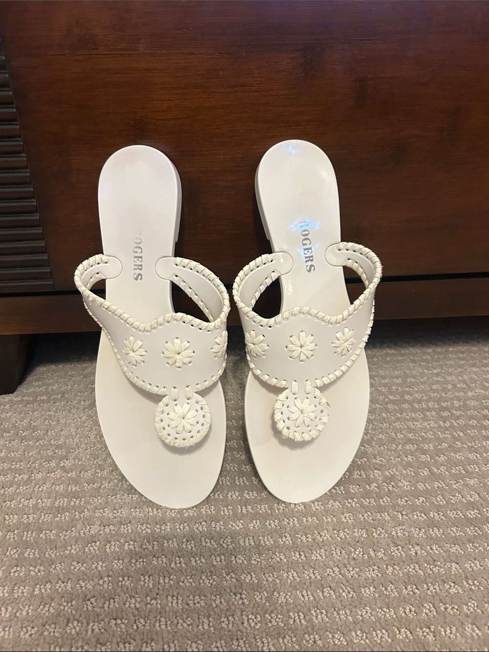 Jack Rogers White Floral Leather Thong Sandals